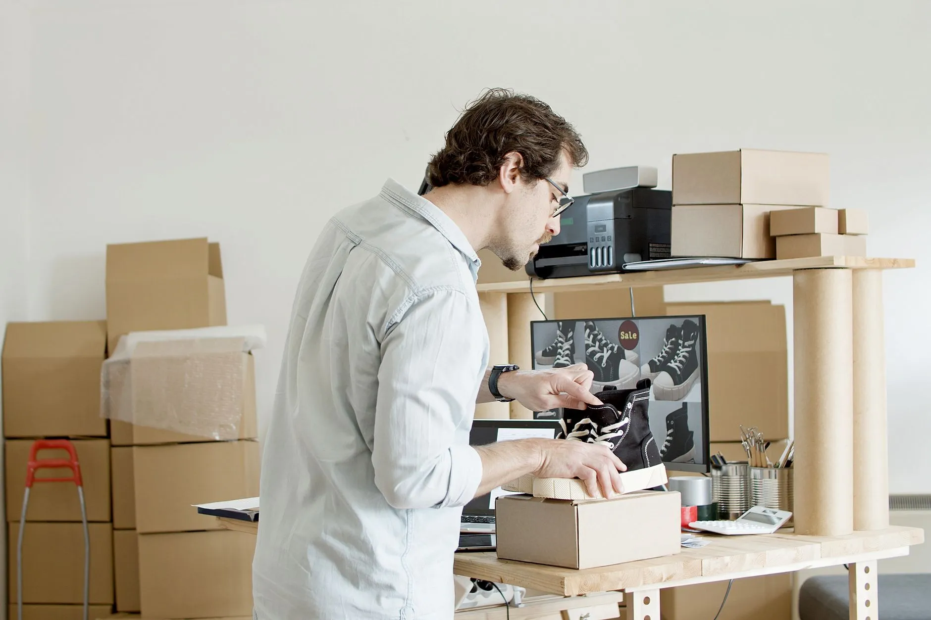 Store owner packing an online order with product photos visible on a monitor behind them