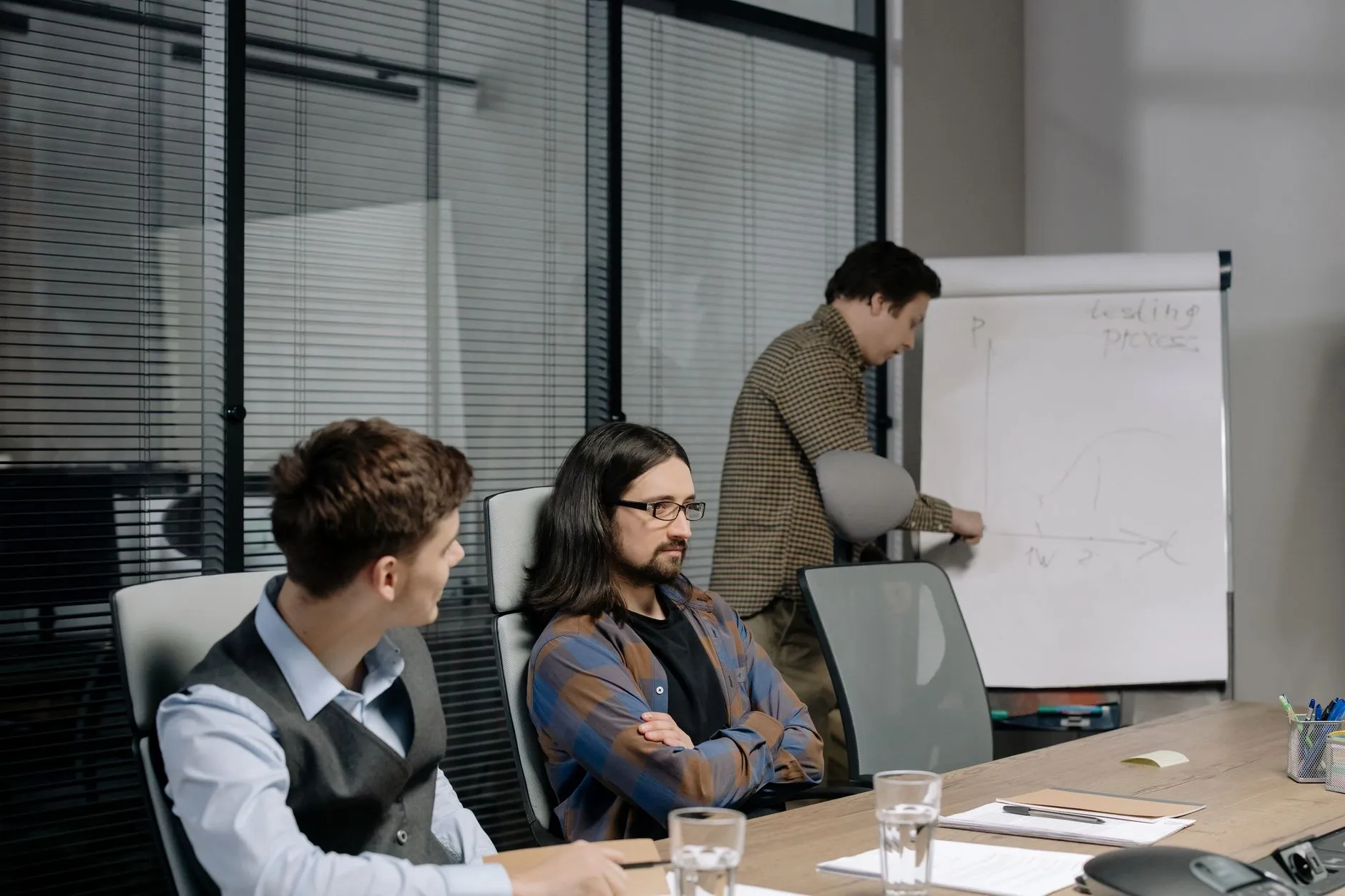 Team in a meeting discussing options at a whiteboard
